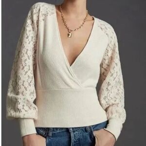 By Anthropologie Lace Balloon Sleeve Faux Wrap Blouse